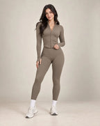 Women's taupe zip-up yoga jacket and leggings set