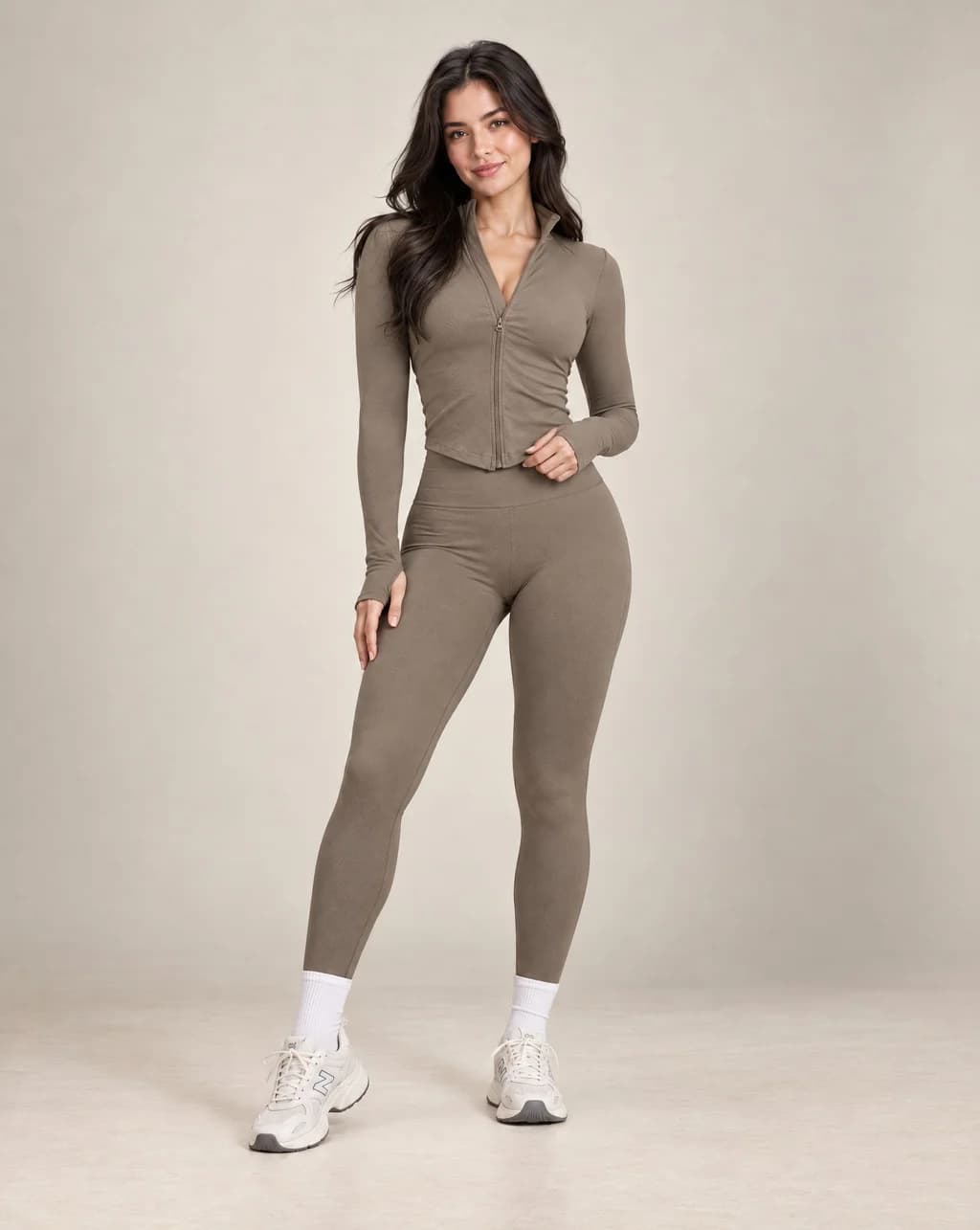 Women's taupe zip-up yoga jacket and leggings set