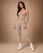 Beige ruched halter top and leggings set with slim high-rise leggings