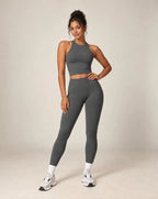 Dark gray halter crop top and leggings set, sleeveless athletic fit