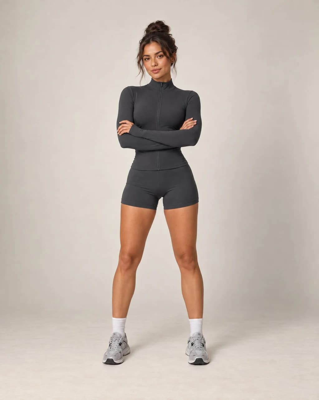 Zip-up yoga jacket and fitted shorts set, dark gray with long sleeves and zip front
