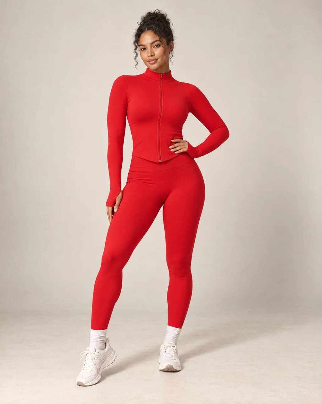Red stand-collar zip-up yoga jacket with long sleeves and front zipper