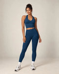 Women’s halter top and leggings active set in blue with contrast ankle cuffs
