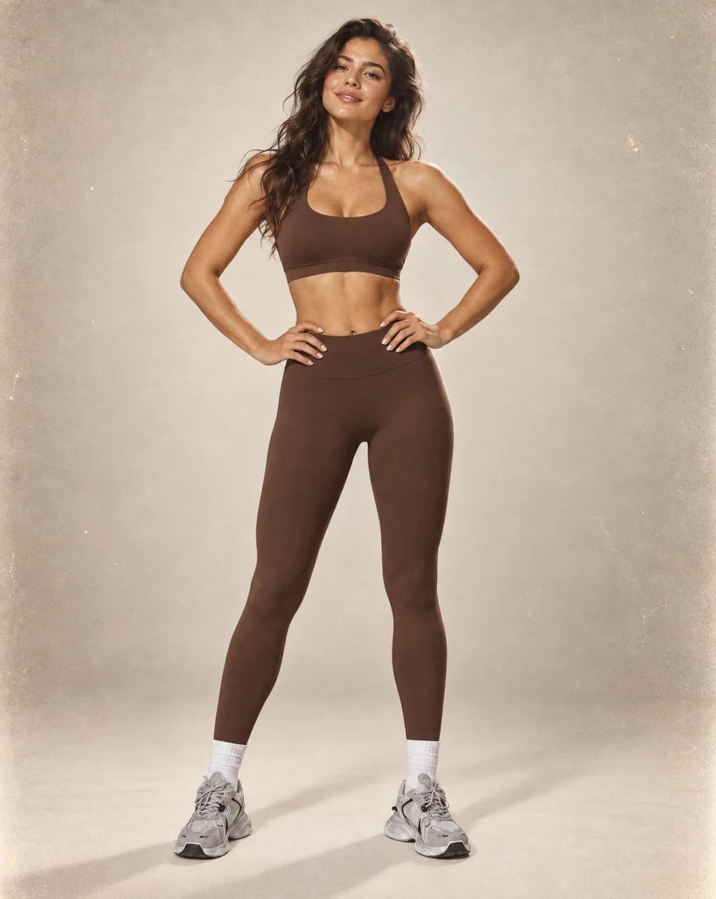 Brown sports bra and high-waist leggings set with white ankle sock-style cuffs.