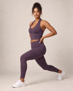 Plum V-neck halter longline sports bra, cropped front with underband