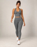 Medium gray V-neck halter longline sports bra with wide underband