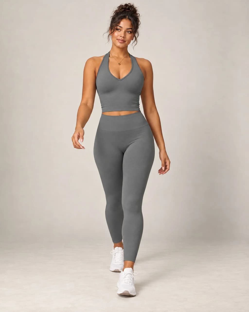 Medium gray V-neck halter longline sports bra with wide underband
