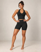 Black halter yoga crop top with scoop neckline