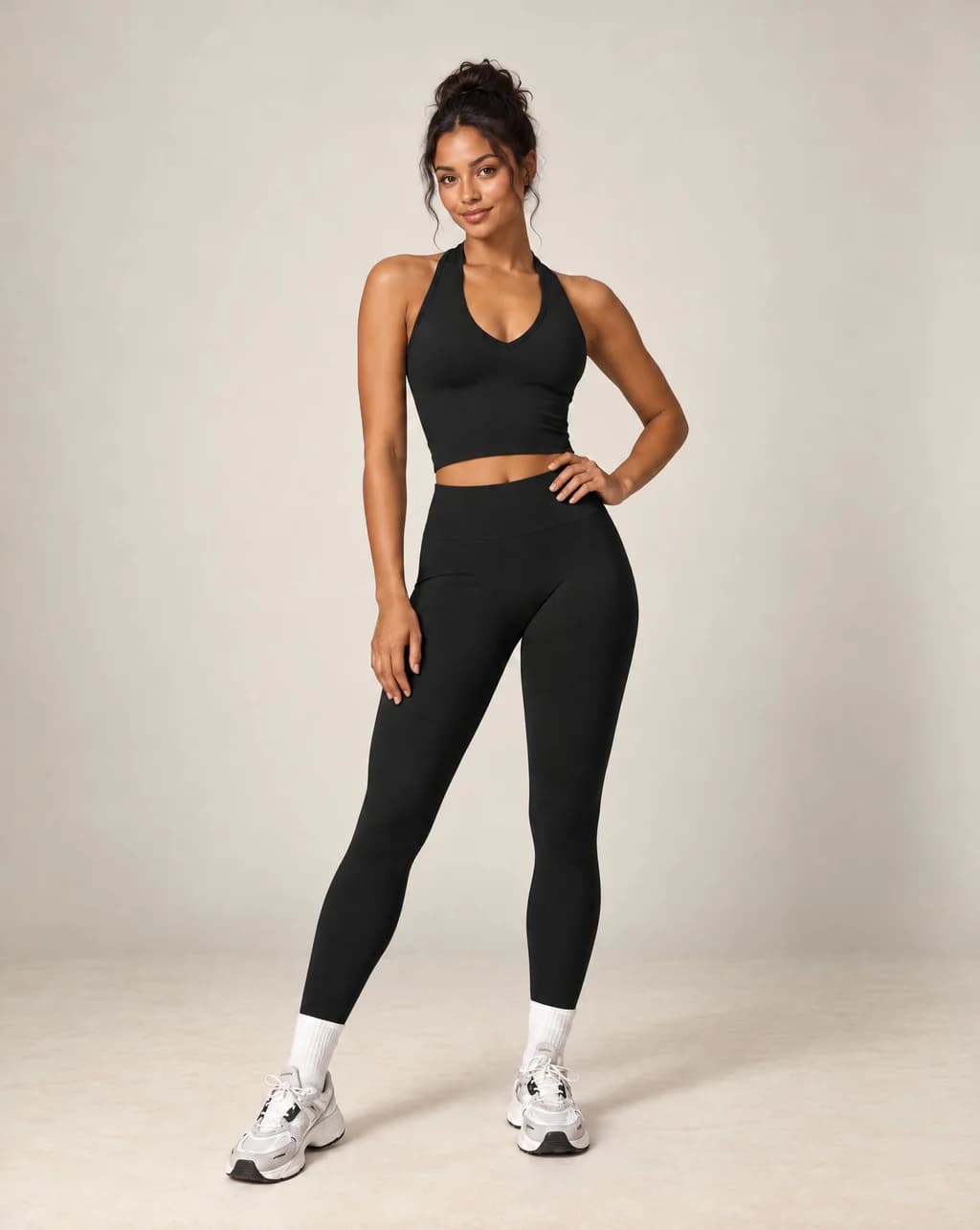 Women’s halter top and leggings active set in black with contrast ankle cuffs