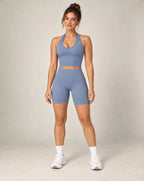 High-waist seamless workout shorts, periwinkle blue, fitted biker length