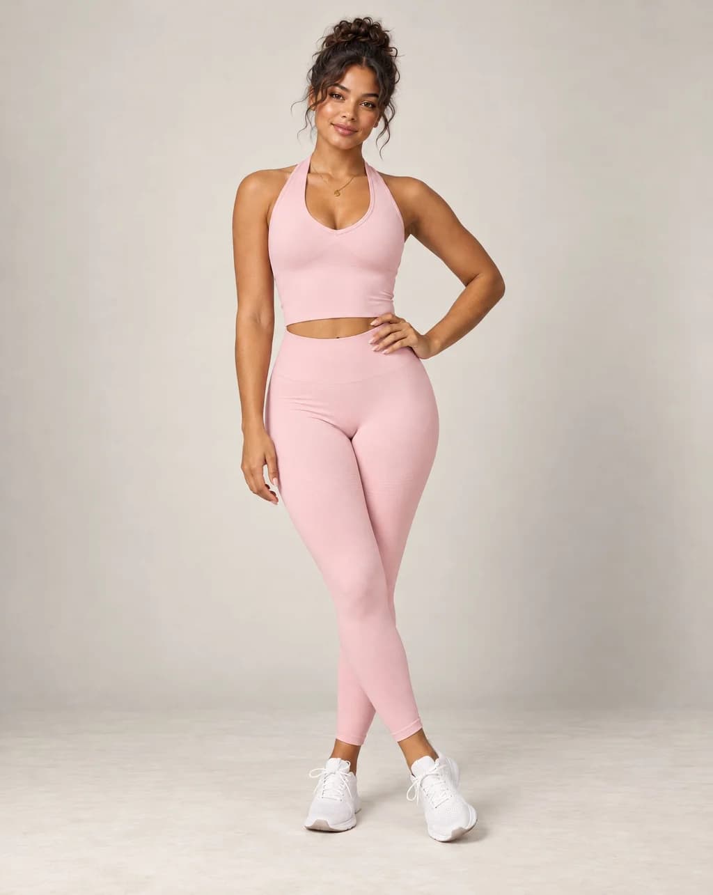 V-neck halter longline sports bra in light pink