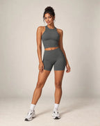 Women’s halter top and shorts active set in dark gray with contrast ankle cuffs