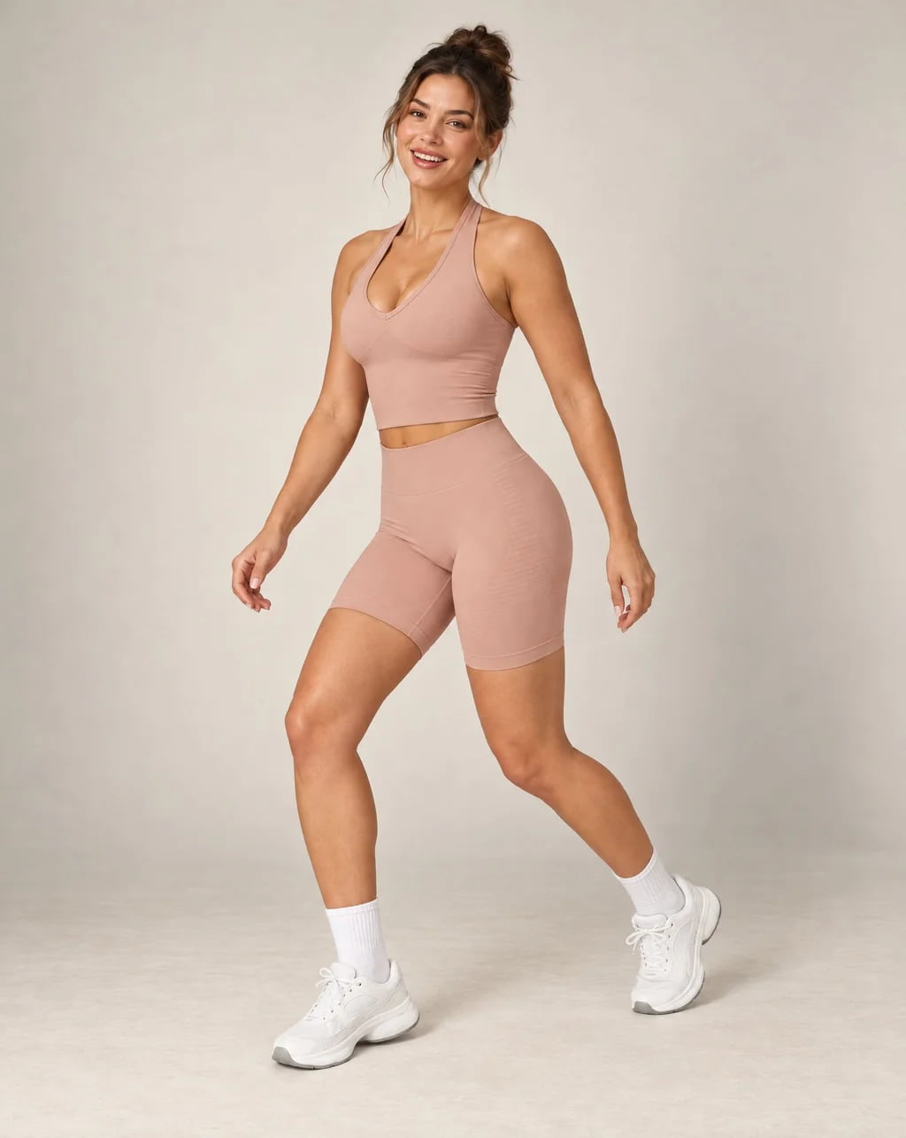 High-waist seamless workout shorts, dusty rose, fitted biker length