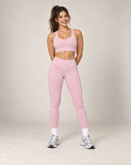 Blush pink high-waisted slim-fit yoga pants with brushed quick-dry fabric, full length