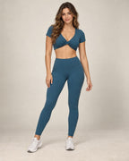 Pleat Flow - Fitted V-Neck Cutout-Back Short-Sleeve Yoga Top