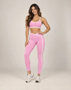 Trail Motion women's yoga and running pants, mauve pink with white contrast side stripes