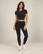 Women's fitted short-sleeve running shirt, black crew neck.