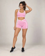Women’s running shorts, cherry pink with white contrast trim