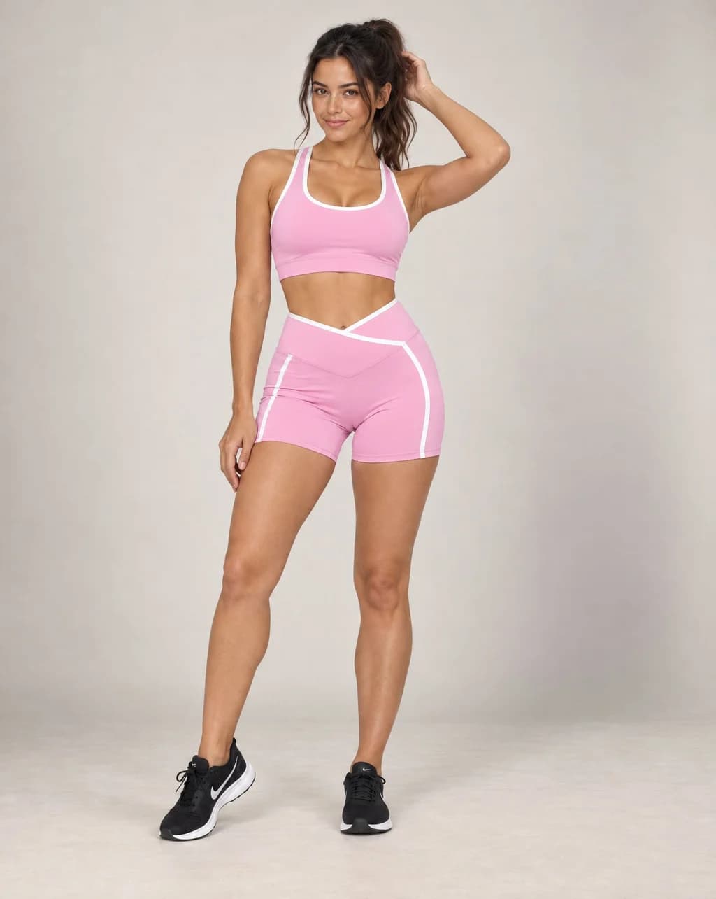 Women’s running shorts, cherry pink with white contrast trim