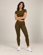 Women's fitted short-sleeve running shirt, olive green crew neck.