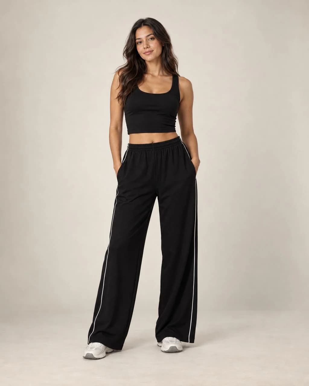 Black high-waisted relaxed straight-leg sweatpants with elastic waistband and side stripe