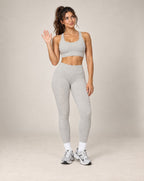 Heather gray high-waisted slim-fit yoga pants, brushed quick-dry stretch, full length