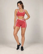 Women’s running shorts, raspberry red with white contrast trim