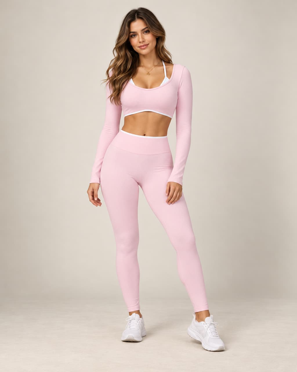 Seamless Duo - Contrast Two-Piece-Look Fitted Long-Sleeve Yoga Crop Top