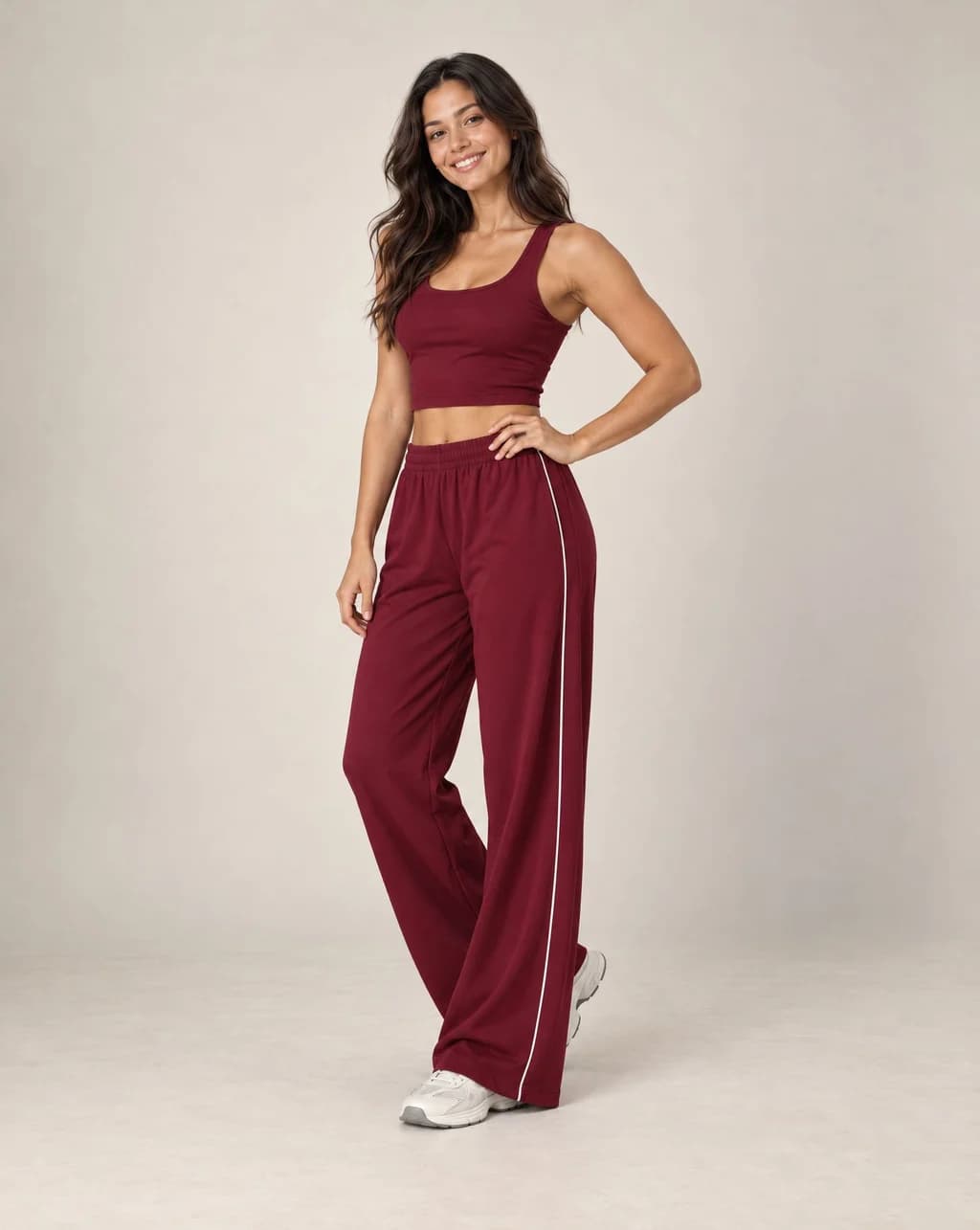 Cherry red high-waisted relaxed straight-leg sweatpants with elastic waistband and side stripe