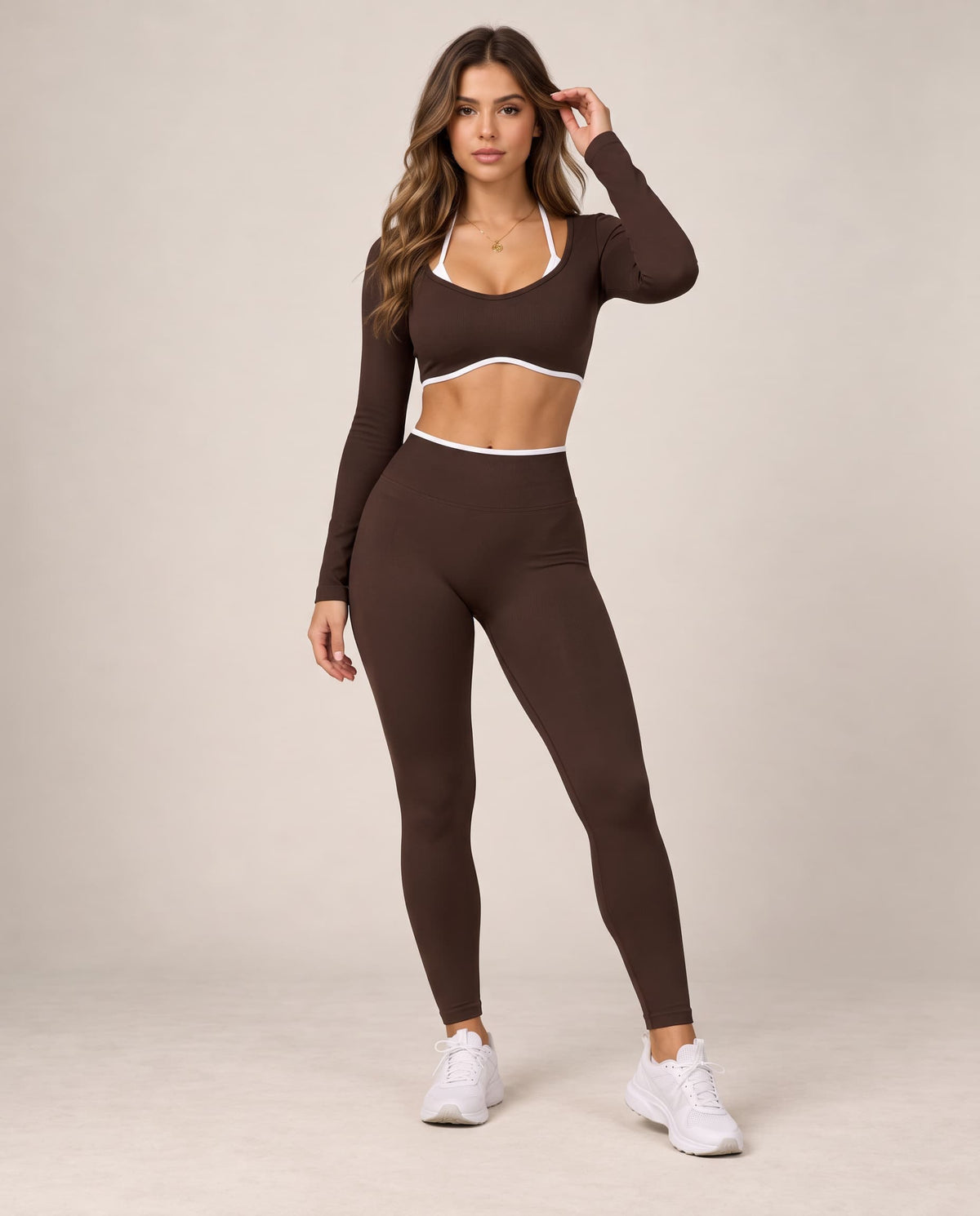 Seamless Duo - Contrast Two-Piece-Look Fitted Long-Sleeve Yoga Crop Top
