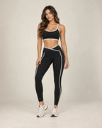 Trail Motion women's yoga and running pants, black with white contrast side stripes