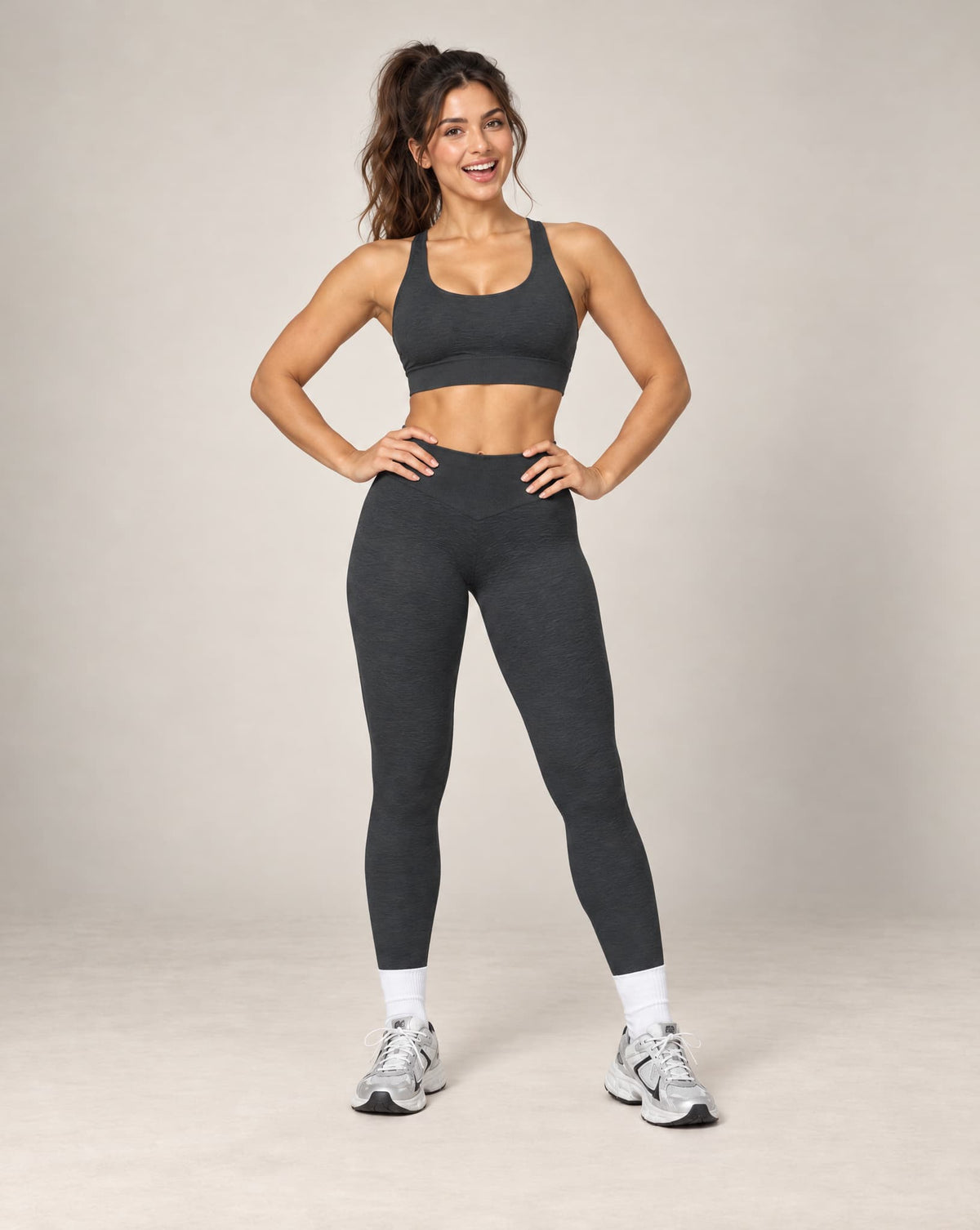 Charcoal dark high-waisted slim-fit yoga pants with brushed quick-dry fabric, full length