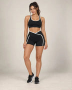Women’s running shorts, black with white contrast trim