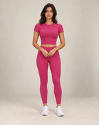 Women's fitted short-sleeve running shirt, hot pink crew neck.