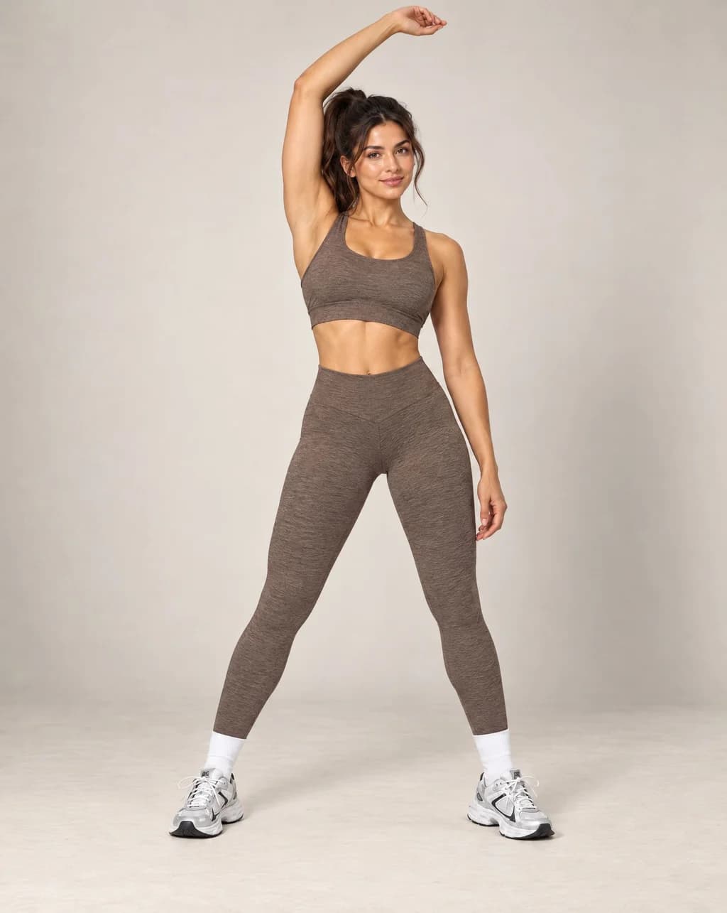 Brown high-waisted slim-fit yoga pants, brushed quick-dry fabric, full length