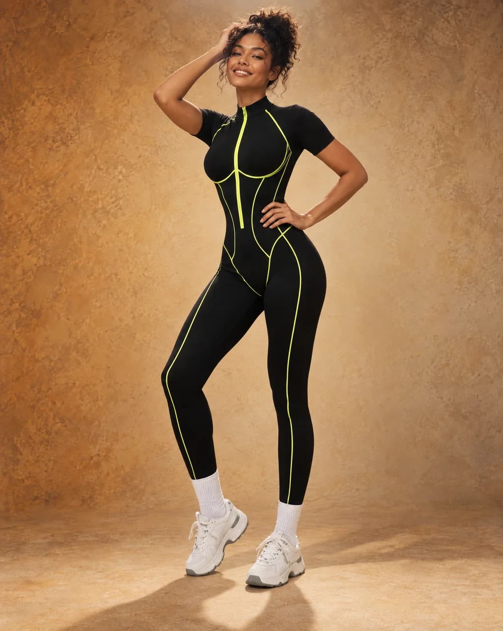 Prism Contour - Contrast-Color Cutout-Back Fitted Yoga Jumpsuit