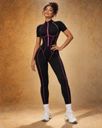 Prism Contour - Contrast-Color Cutout-Back Fitted Yoga Jumpsuit