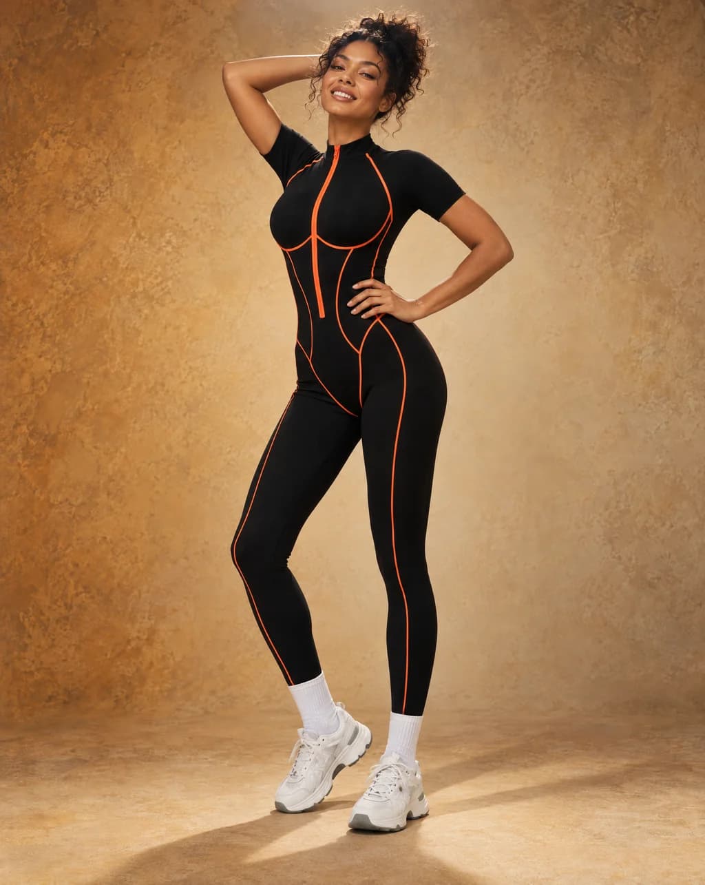 Prism Contour - Contrast-Color Cutout-Back Fitted Yoga Jumpsuit