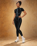 Prism Contour - Contrast-Color Cutout-Back Fitted Yoga Jumpsuit